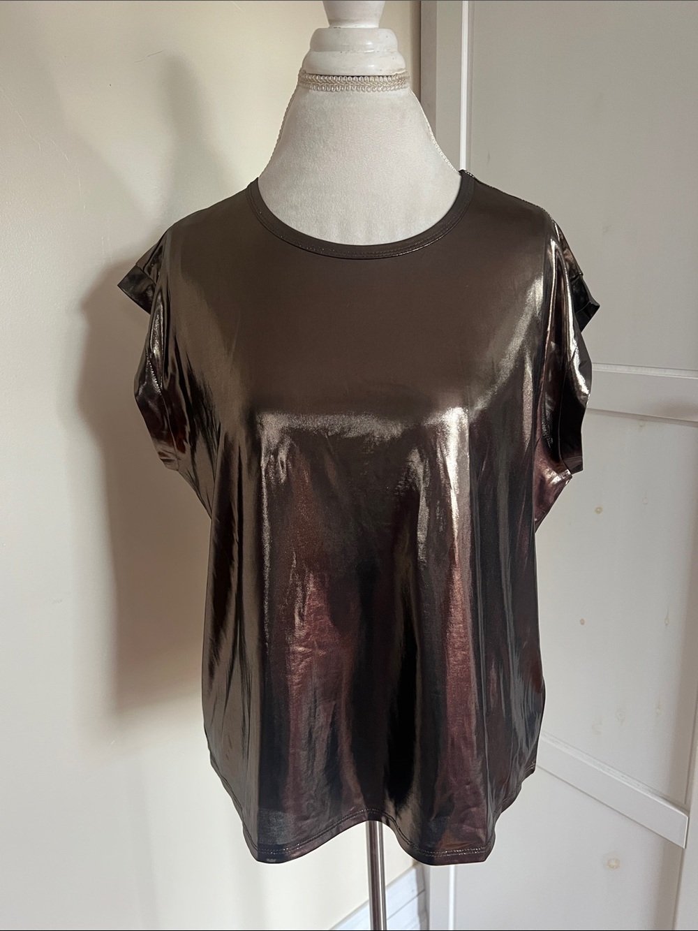 RM Rebecca Minkoff Bronze Metallic Foil Cap Sleeve Top NWOT Size L